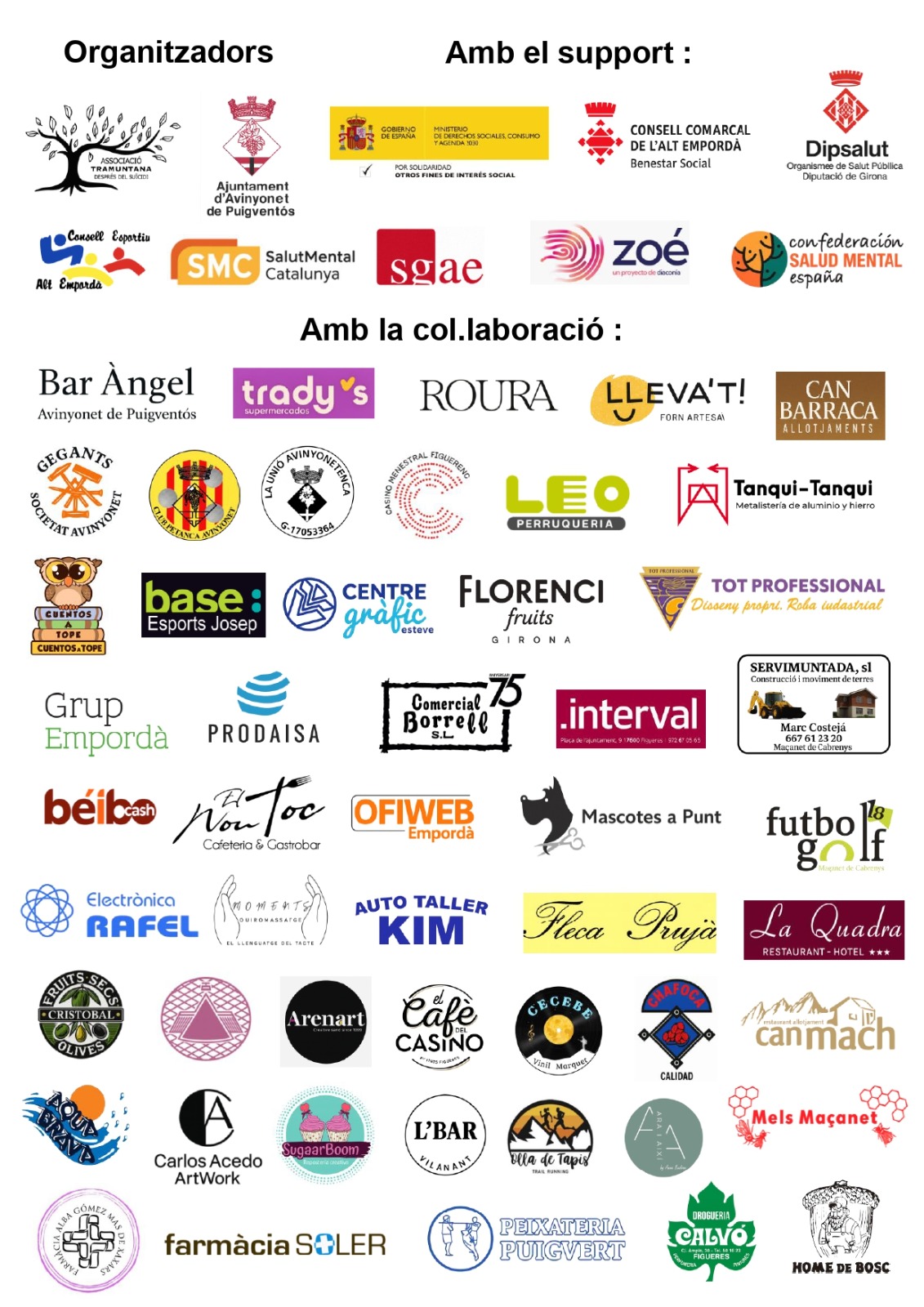 Logotipos de los organizadores, instituciones de apoyo y entidades, empresas y establecimientos colaboradores de la 3ª Carrera-Caminata “Hablemos del Suicidio” 2026