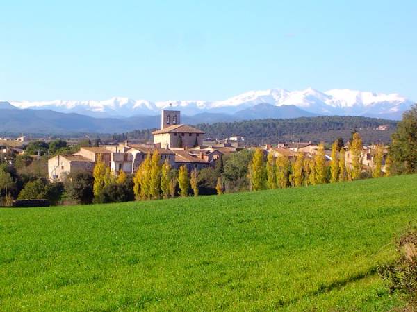 Avinyonet de Puigventós amb el Canigó nevat al fons