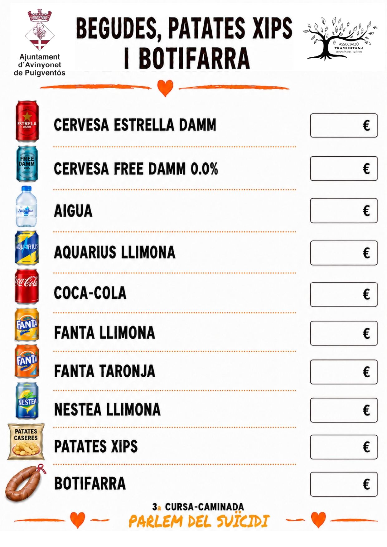 Cartel de bebidas, patatas chips y butifarra de la 3ª Carrera-Caminata Parlem del Suïcidi